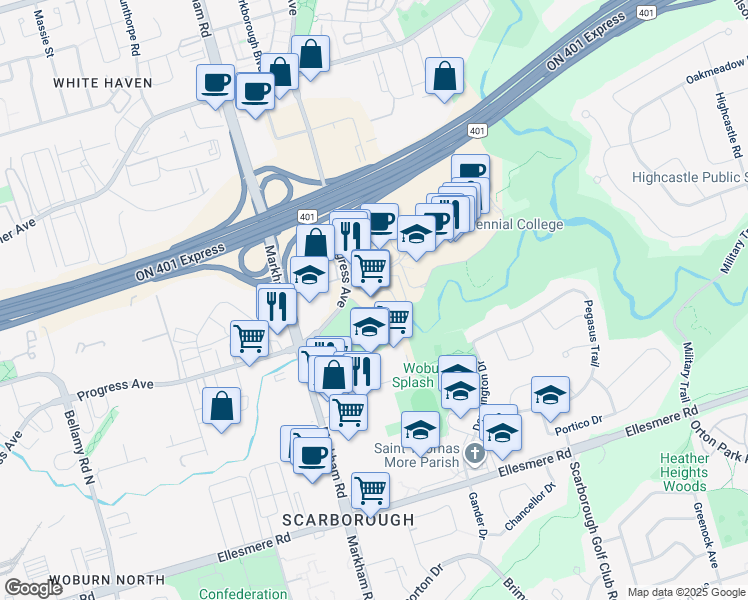 map of restaurants, bars, coffee shops, grocery stores, and more near in Toronto