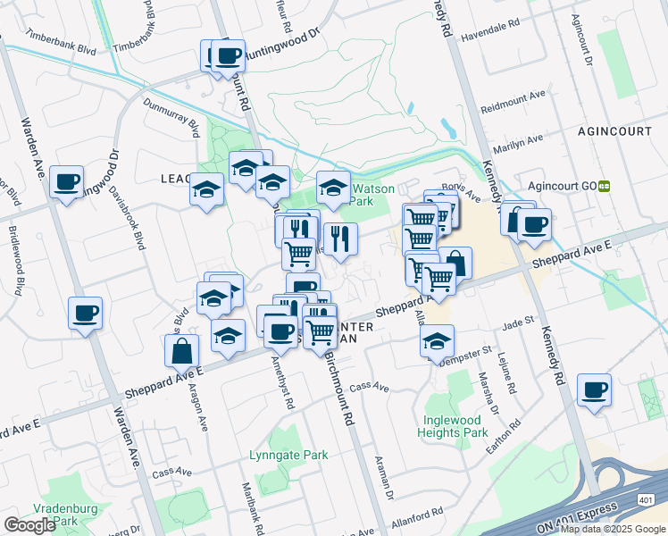 map of restaurants, bars, coffee shops, grocery stores, and more near 10 Carabob Court in Toronto