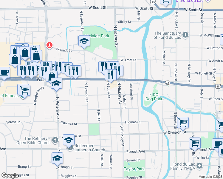 map of restaurants, bars, coffee shops, grocery stores, and more near 171 North Butler Street in Fond du Lac
