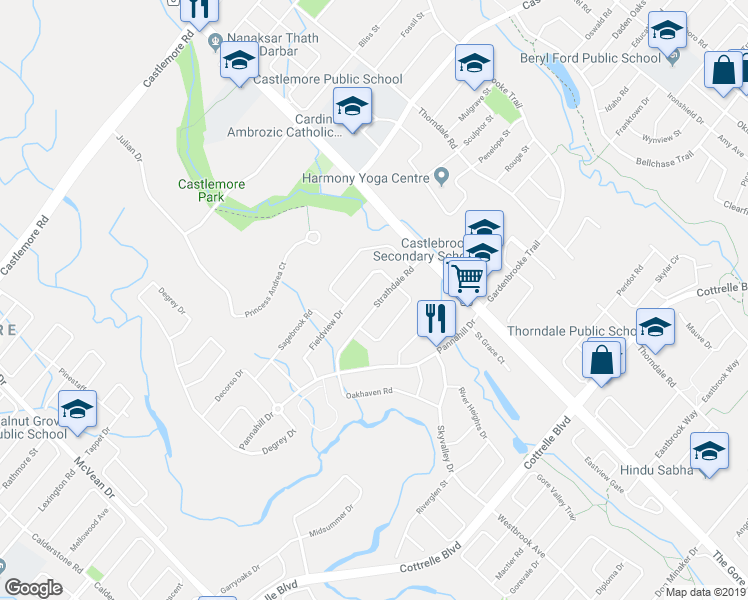 map of restaurants, bars, coffee shops, grocery stores, and more near 20 Strathdale Road in Brampton