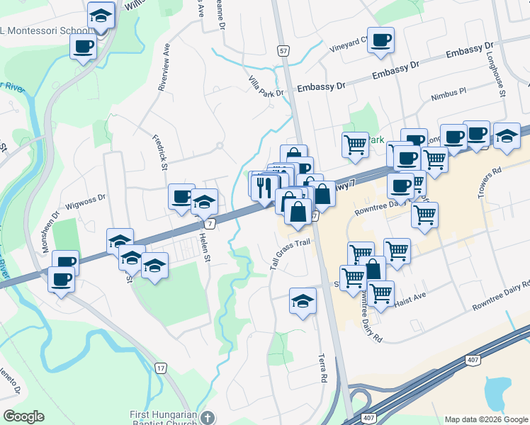 map of restaurants, bars, coffee shops, grocery stores, and more near 4585 Highway 7 in Vaughan