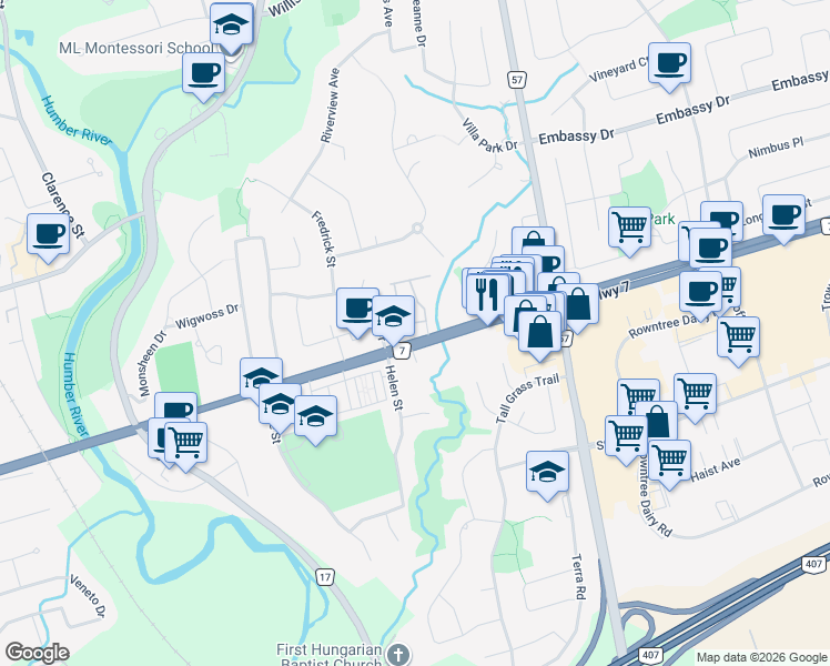 map of restaurants, bars, coffee shops, grocery stores, and more near in Vaughan