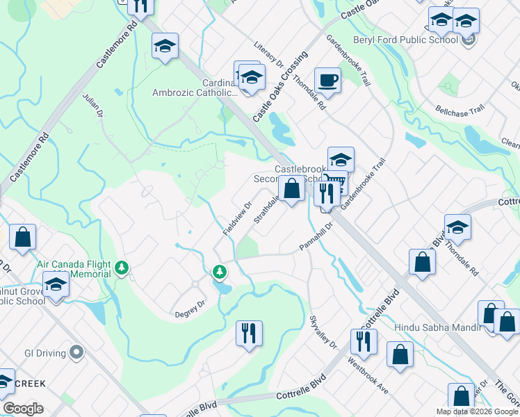 map of restaurants, bars, coffee shops, grocery stores, and more near 20 Strathdale Road in Brampton