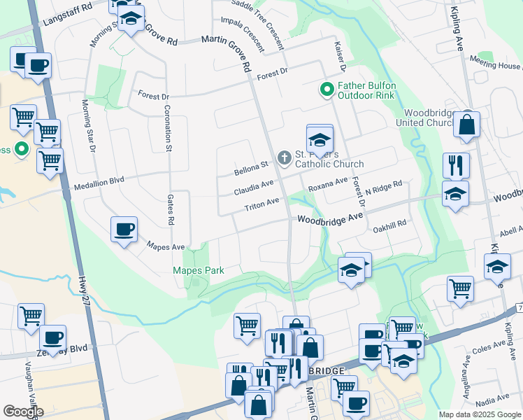 map of restaurants, bars, coffee shops, grocery stores, and more near 39 Triton Avenue in Vaughan