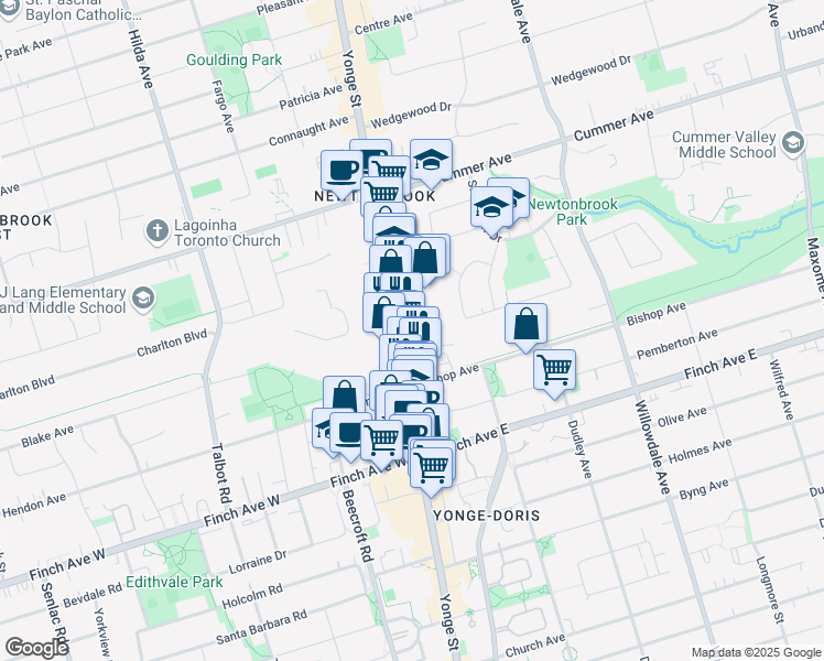 map of restaurants, bars, coffee shops, grocery stores, and more near 5775 Yonge Street in Toronto