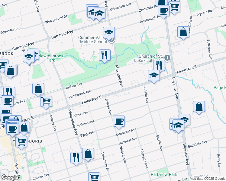 map of restaurants, bars, coffee shops, grocery stores, and more near 206 Finch Avenue East in Toronto