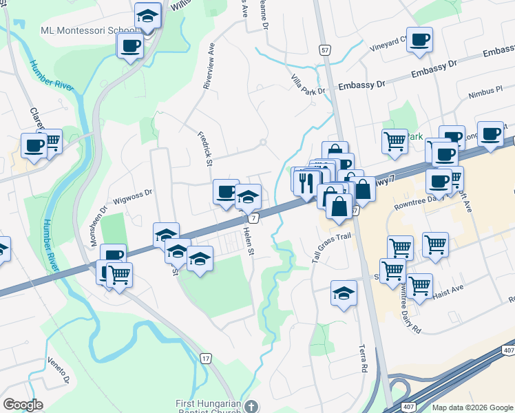 map of restaurants, bars, coffee shops, grocery stores, and more near 4700 Highway 7 in Vaughan