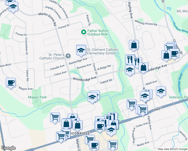 map of restaurants, bars, coffee shops, grocery stores, and more near 11 Northlane Road in Vaughan