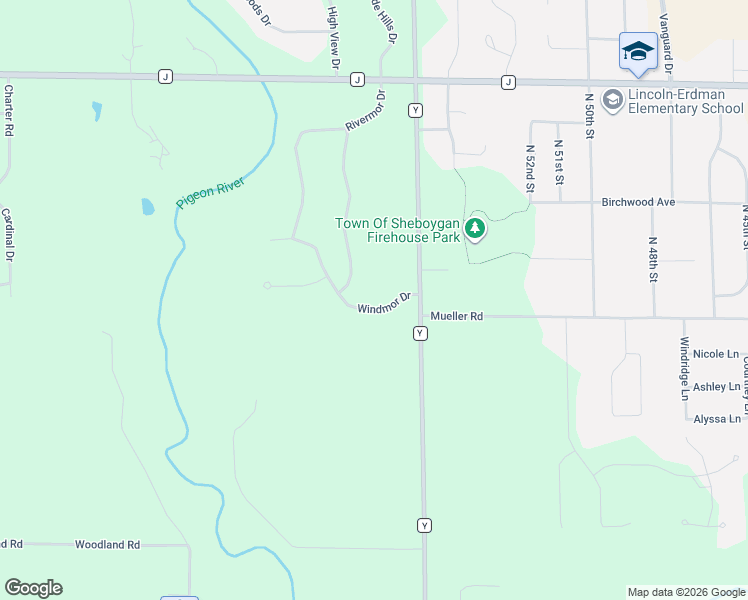 map of restaurants, bars, coffee shops, grocery stores, and more near W1726 Windmor Drive in Sheboygan