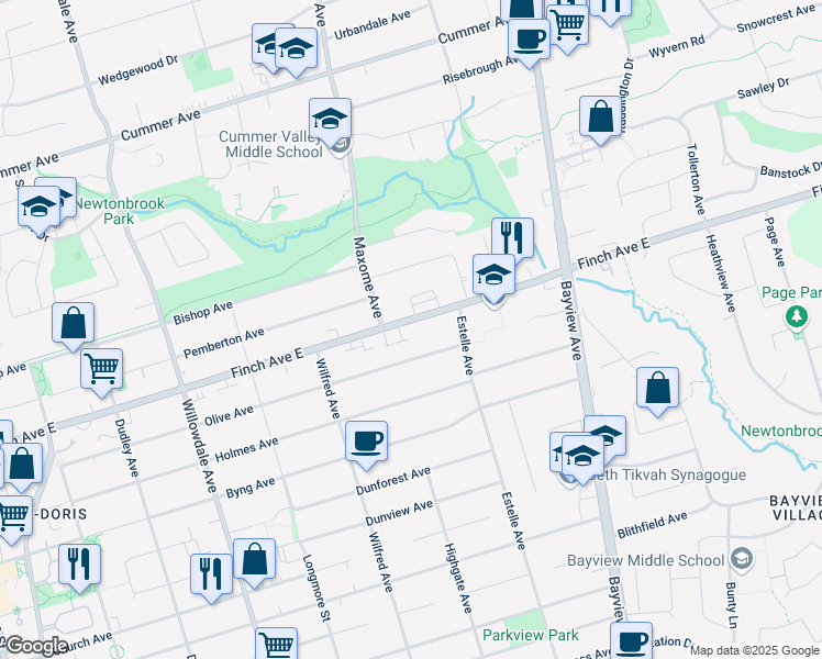 map of restaurants, bars, coffee shops, grocery stores, and more near 241 Finch Avenue East in Toronto