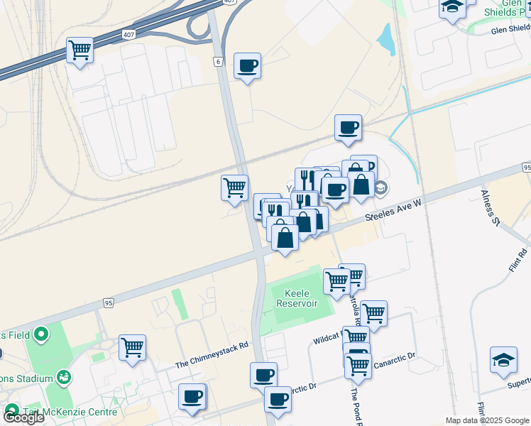 map of restaurants, bars, coffee shops, grocery stores, and more near 200-7077 Keele Street in Vaughan