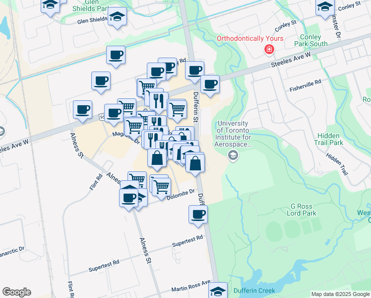 map of restaurants, bars, coffee shops, grocery stores, and more near 120 Gerry Fitzgerald Drive in Toronto