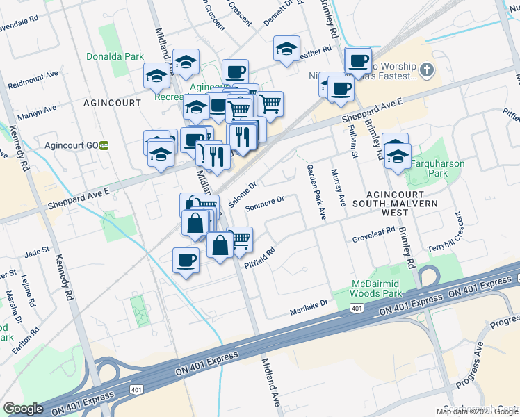 map of restaurants, bars, coffee shops, grocery stores, and more near 59 Sonmore Drive in Toronto