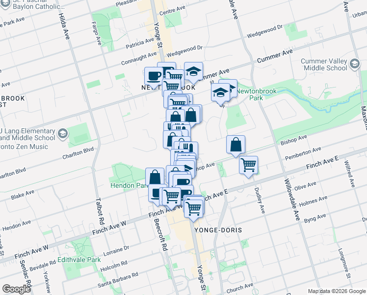 map of restaurants, bars, coffee shops, grocery stores, and more near 5775 Yonge Street in Toronto
