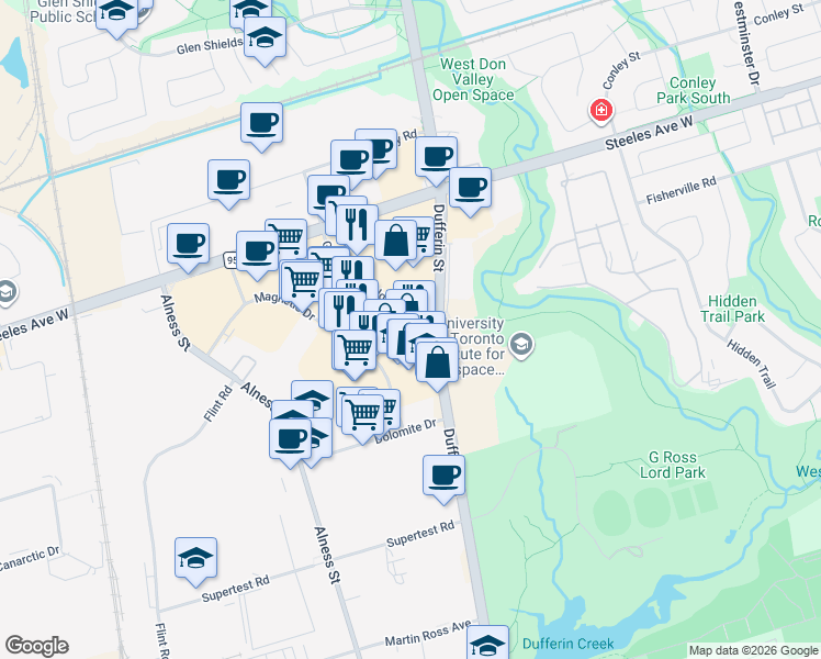 map of restaurants, bars, coffee shops, grocery stores, and more near 5050 Dufferin Street in Toronto