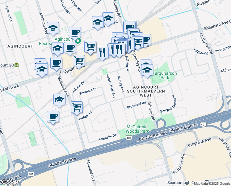 map of restaurants, bars, coffee shops, grocery stores, and more near 11 Garden Park Avenue in Toronto