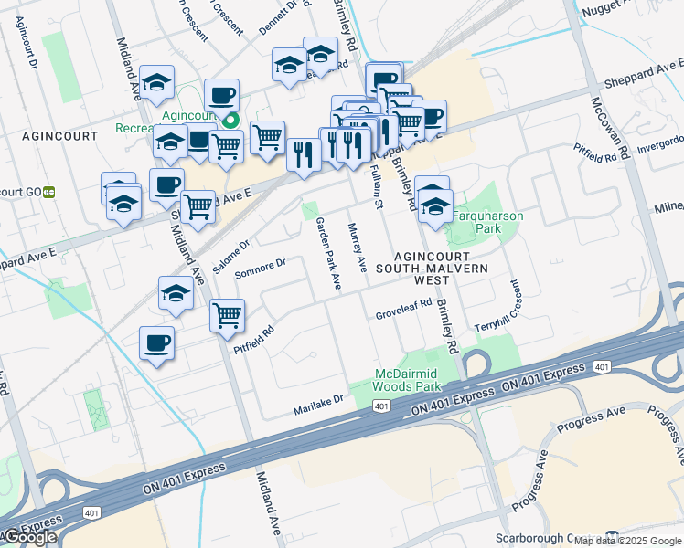 map of restaurants, bars, coffee shops, grocery stores, and more near 11 Garden Park Avenue in Toronto
