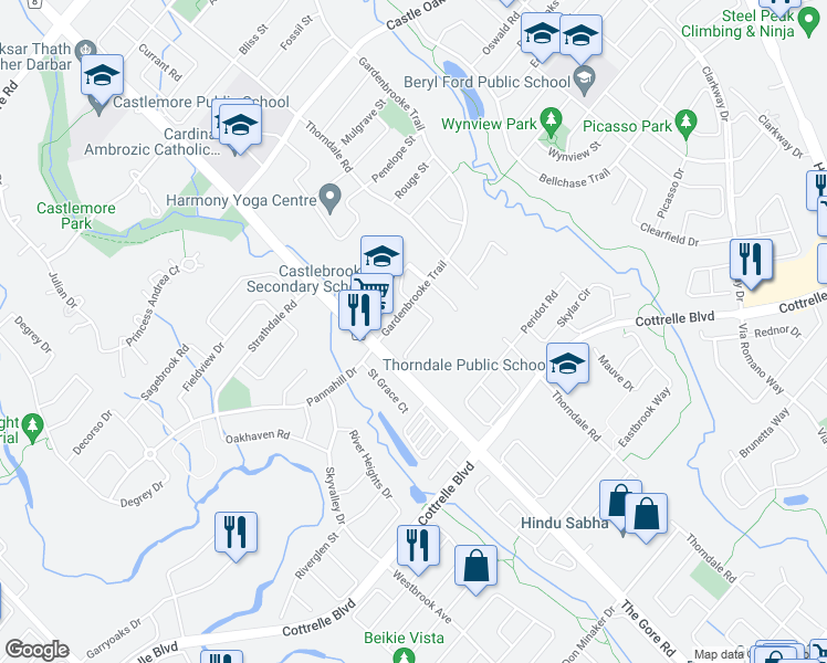 map of restaurants, bars, coffee shops, grocery stores, and more near 16 Freedom Oaks Trail in Brampton