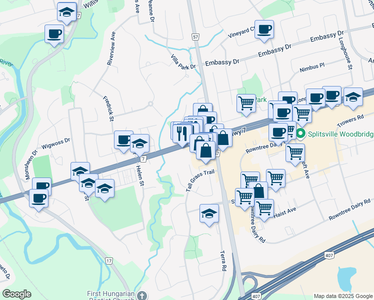 map of restaurants, bars, coffee shops, grocery stores, and more near 4585 Highway 7 in Vaughan