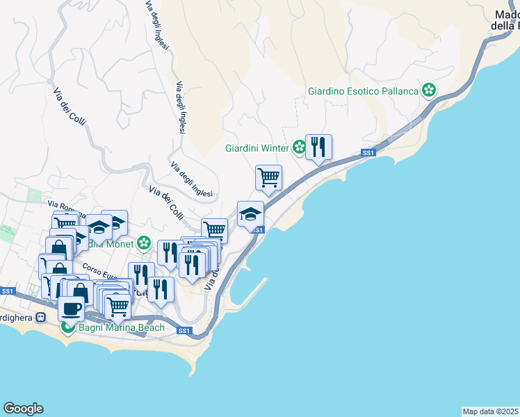 map of restaurants, bars, coffee shops, grocery stores, and more near 35 Strada Statale 1 in Bordighera