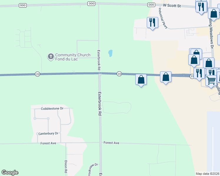 map of restaurants, bars, coffee shops, grocery stores, and more near 6652 County Road T in Fond du Lac
