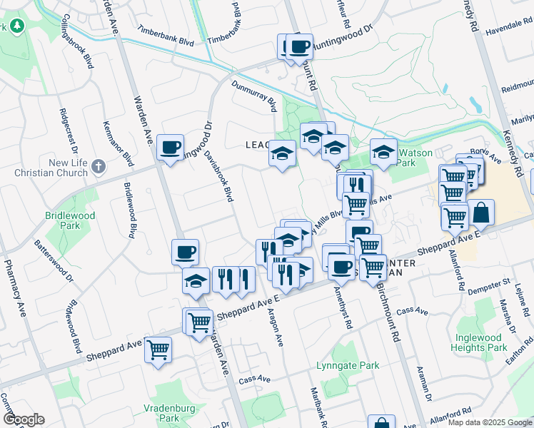 map of restaurants, bars, coffee shops, grocery stores, and more near 30 Eaglestone Road in Toronto