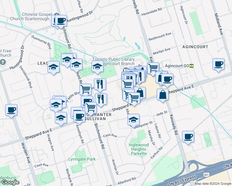 map of restaurants, bars, coffee shops, grocery stores, and more near in Toronto