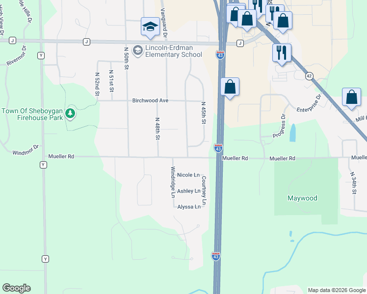 map of restaurants, bars, coffee shops, grocery stores, and more near 3620 North 46th Street in Sheboygan