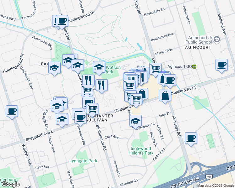 map of restaurants, bars, coffee shops, grocery stores, and more near in Toronto