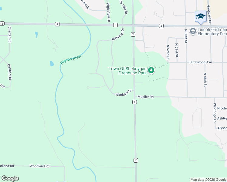 map of restaurants, bars, coffee shops, grocery stores, and more near W1762 Windmor Drive in Sheboygan