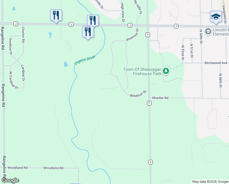 map of restaurants, bars, coffee shops, grocery stores, and more near W1791 Heathmor Drive in Sheboygan