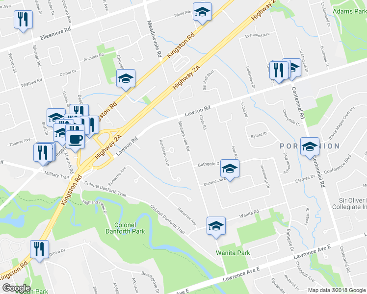 map of restaurants, bars, coffee shops, grocery stores, and more near 146 Meadowvale Road in Toronto
