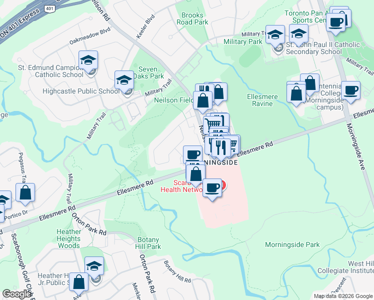 map of restaurants, bars, coffee shops, grocery stores, and more near 18 Trailridge Crescent in Toronto