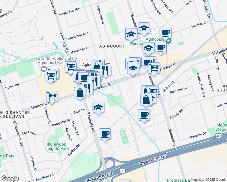 map of restaurants, bars, coffee shops, grocery stores, and more near 4101 Sheppard Avenue East in Toronto