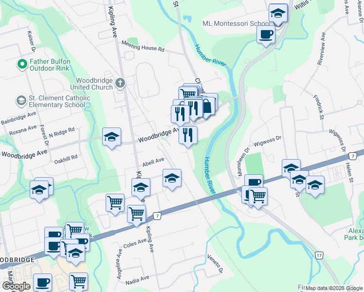 map of restaurants, bars, coffee shops, grocery stores, and more near 44 Wallace Street in Vaughan