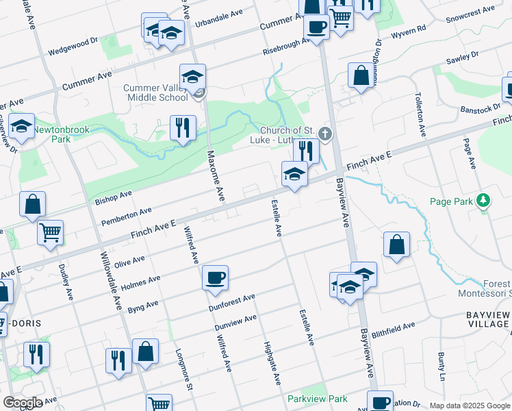 map of restaurants, bars, coffee shops, grocery stores, and more near 255 Finch Avenue East in Toronto