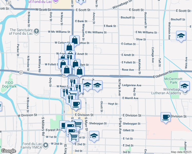map of restaurants, bars, coffee shops, grocery stores, and more near 104 East Johnson Street in Fond du Lac