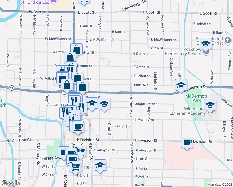 map of restaurants, bars, coffee shops, grocery stores, and more near 142 East Johnson Street in Fond du Lac