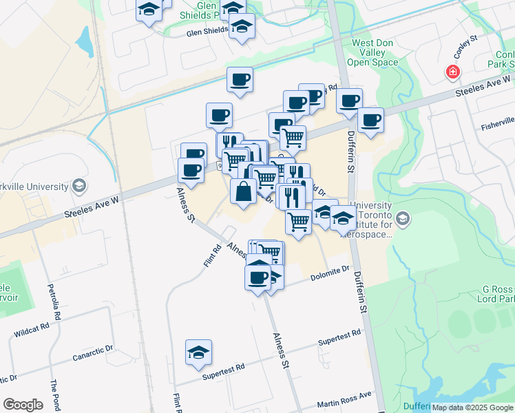 map of restaurants, bars, coffee shops, grocery stores, and more near 636 Magnetic Dr in Toronto