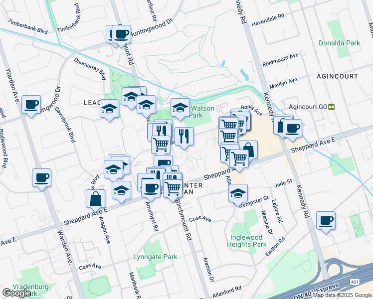 map of restaurants, bars, coffee shops, grocery stores, and more near 40 Carabob Crt in Toronto