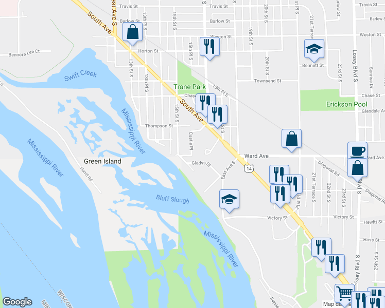 map of restaurants, bars, coffee shops, grocery stores, and more near 2658 Castle Place in La Crosse