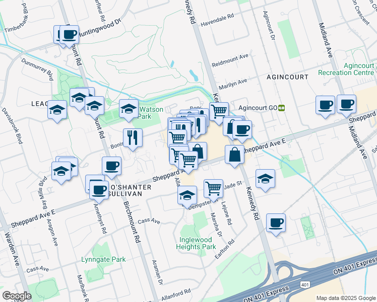 map of restaurants, bars, coffee shops, grocery stores, and more near 3850 Sheppard Avenue East in Toronto