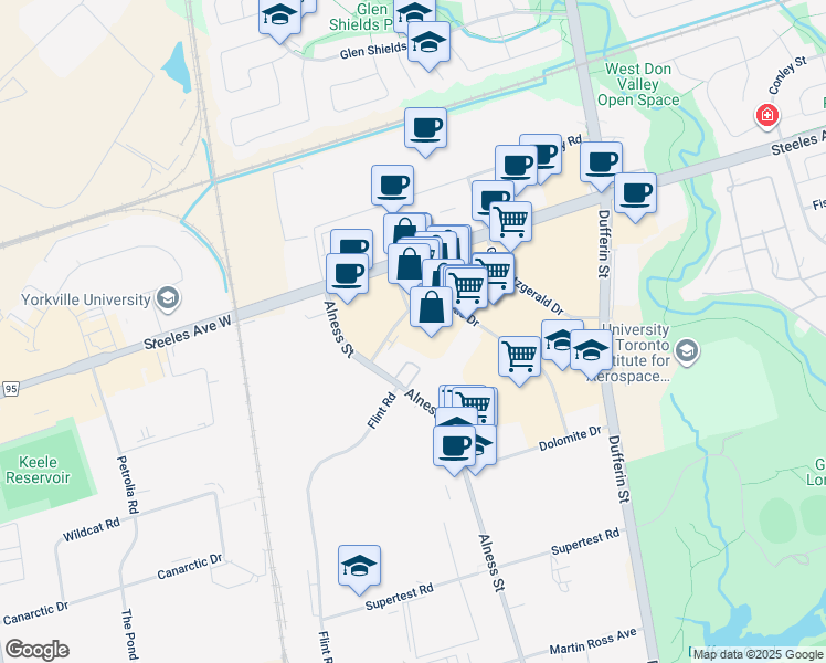 map of restaurants, bars, coffee shops, grocery stores, and more near 908 Magnetic Drive in Toronto