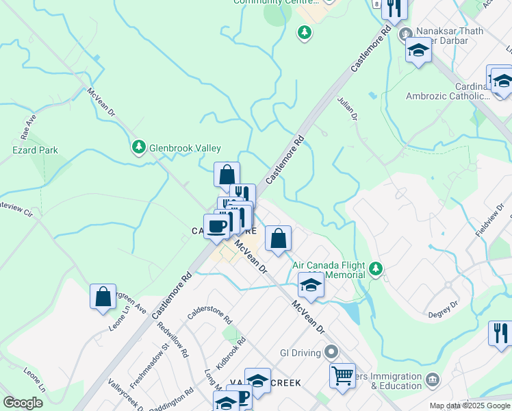 map of restaurants, bars, coffee shops, grocery stores, and more near 4 Utopia Way in Brampton