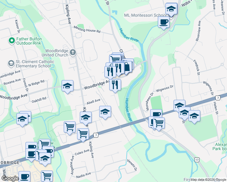 map of restaurants, bars, coffee shops, grocery stores, and more near 66 Wallace Street in Vaughan
