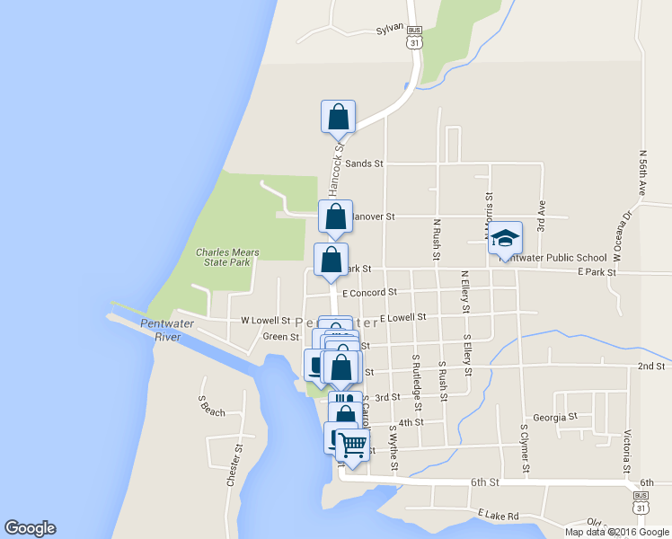 map of restaurants, bars, coffee shops, grocery stores, and more near 27 Park Street in Pentwater