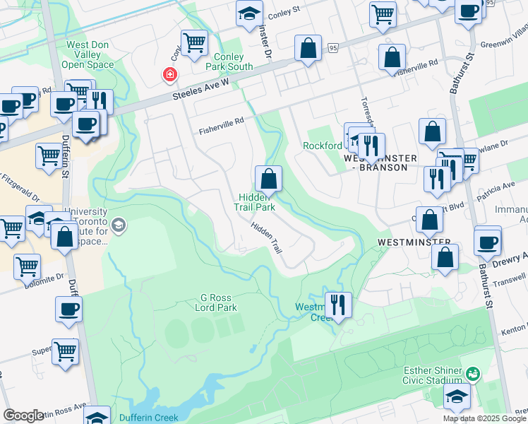 map of restaurants, bars, coffee shops, grocery stores, and more near 501 Hidden Trail in Toronto
