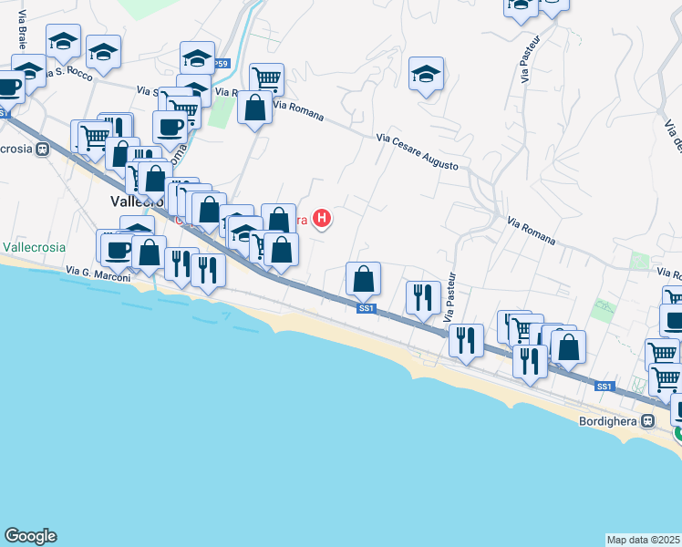 map of restaurants, bars, coffee shops, grocery stores, and more near 9 Via Giulio Cesare in Bordighera