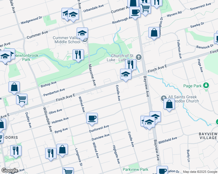 map of restaurants, bars, coffee shops, grocery stores, and more near in Toronto