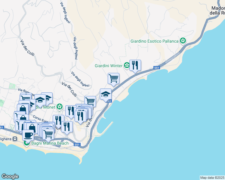 map of restaurants, bars, coffee shops, grocery stores, and more near 35 Strada Statale 1 in Bordighera